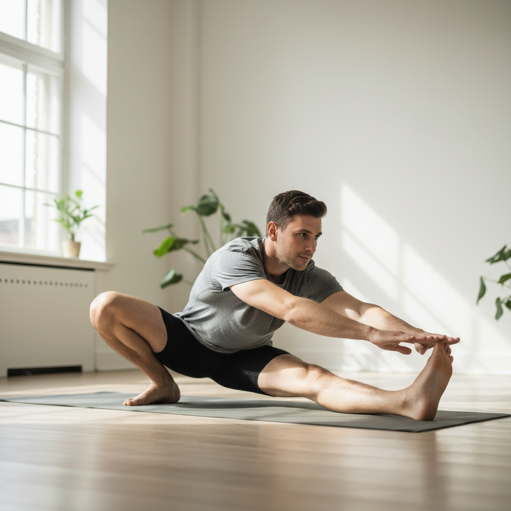 Homme effectuant des étirements de mobilité sur un tapis dans un espace clair et lumineux, posture souple et détendue, lumière naturelle douce, sans équipement sportif visible