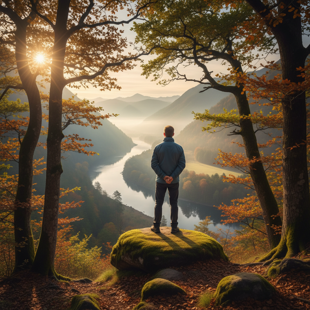 Homme en contemplation face à un paysage naturel calme, lumière dorée du matin filtrant à travers les arbres, atmosphère de sérénité et d'introspection