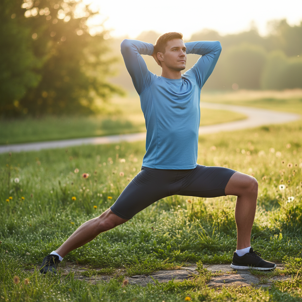 Homme effectuant des étirements dans un espace ouvert, lumière du matin, posture détendue et concentrée, arrière-plan naturel flou en bokeh