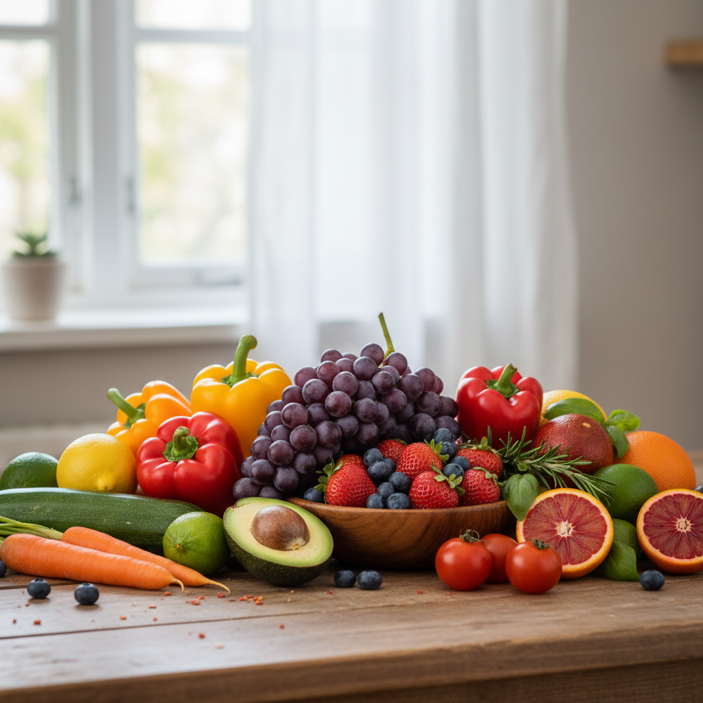 Assortiment de légumes frais colorés et de fruits disposés sur une table en bois naturel, mise en scène épurée mettant en valeur les textures et les couleurs naturelles des aliments